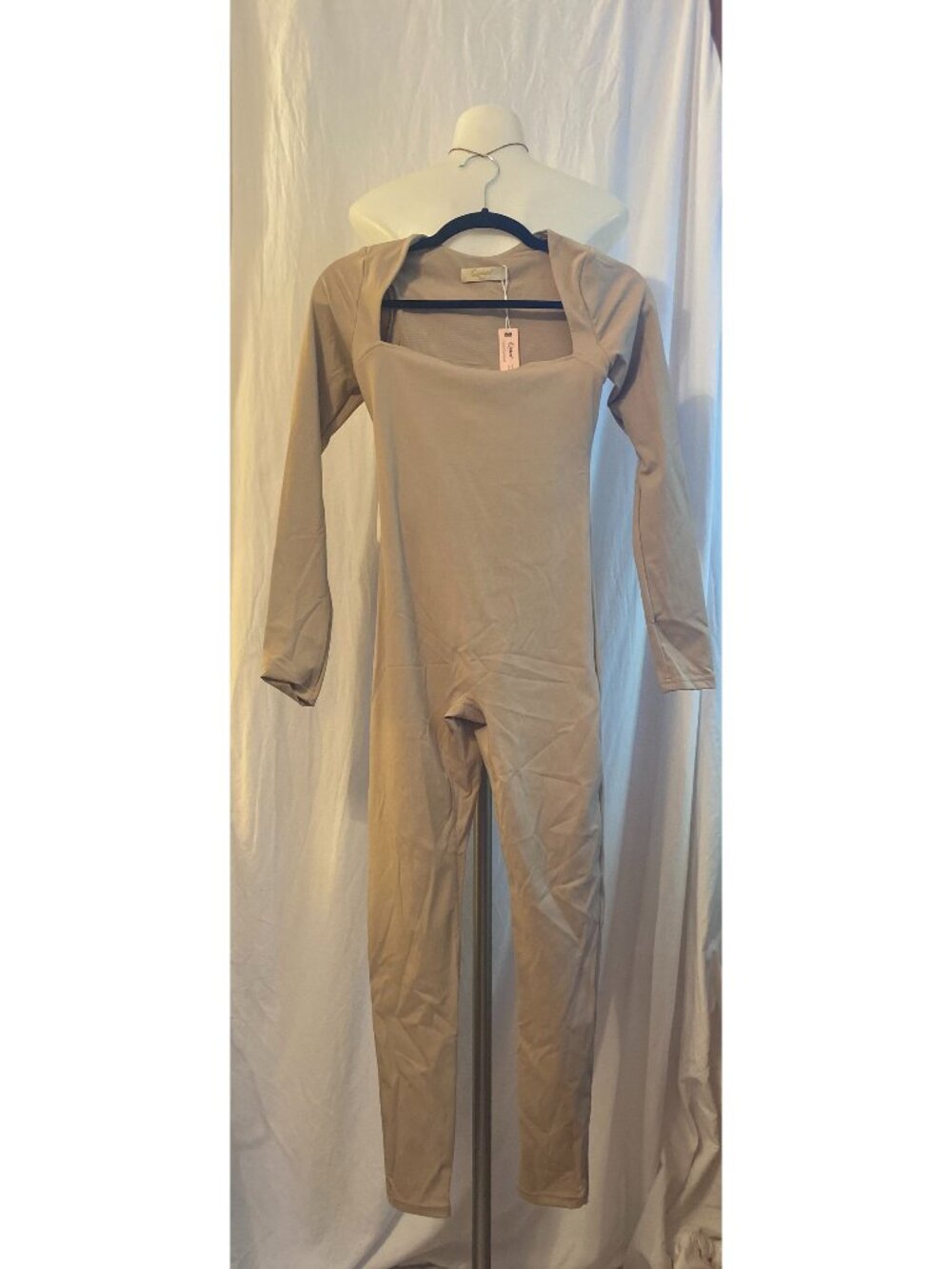 QUINSEN NWT Taupe Brown Square Neck Long Sleeve Bodycon Jumpsuit Size Small